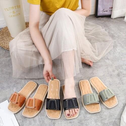 New Women Bowknot Slippers Female Buckle Flat Heel Sandals Ladies Wood Grain Korean Style Slides Anti-slip Soft Bottom Shoes