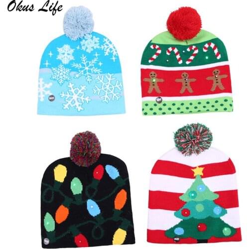 New 2PCS/SET Knitted Christmas Hats Tree Snowflake Santa Hat with Color Led Light Children Adult Christmas Party Gift Xmas Decor
