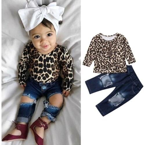 Baby Boy Leopard Clothing Fashion Unisex Baby Girl Leopard Outfits Long Sleeve Tops+ripped Denim Jeans Pants Outfits 0-4 Years