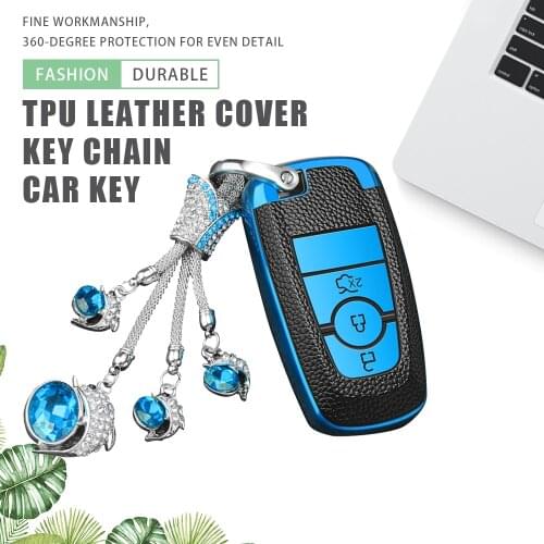 TPU Leather Car 3Button Key Case Cover Keychain for Ford Fusion Mustang Explorer F150 F250 F350 Ranger Mondeo2017-2021 Protector