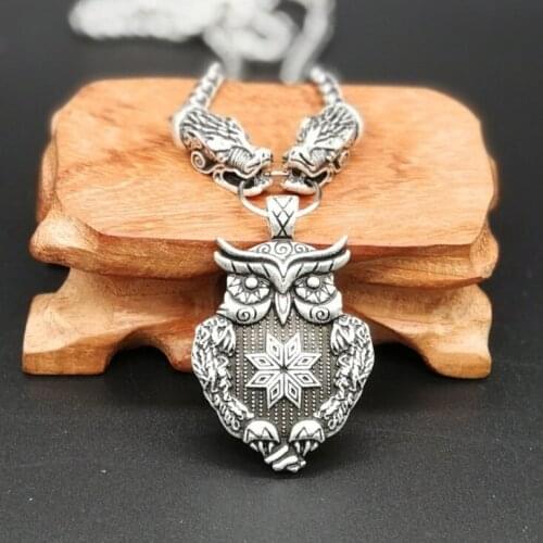 Vintage Odin Wolf Head and Axe with Owl Rune Pendant Retro Viking Animal Totem Amulet Necklace