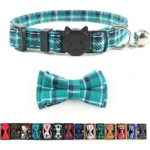 High Quality Cyan Plaid Cat Collar Breakaway Bow Tie Bell Accessories Quick Release Safety Collars for Puppy Cat Kitten 17-28cm