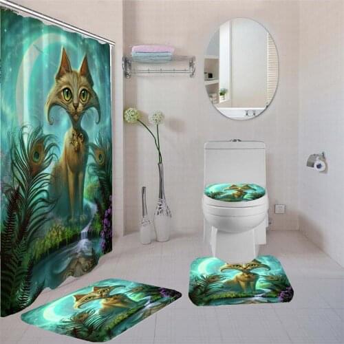 Cute Cat Shower Curtain Set Cartoon Animal Polyester Fiber Shower Curtain Bathroom Curtain Decoration Cat Shower Curtain Or Mat