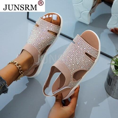 2021 New Summer Women Sandals Sexy Shoes Crystal Casual Woman Flats Buckle Strap Ladies Fashion Beach Shoe Big size 36-43