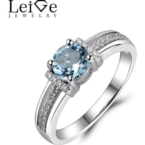 Leige Jewelry Natural Aquamarine Ring Round Cut Sterling Silver 925 Blue Gem Engagement Wedding Rings for Women Fine Jewelry