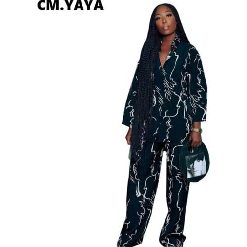 CM.YAYA Women Set Print Loose Straight Tops Wide Leg Pants Two 2 Piece Sets Female Fashion Casualwear Stylish Pants Suit Autumn