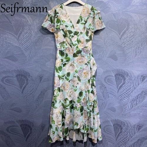Seifrmann New 2021 Summer Women Fashion Runway Asymmetrical Dress Sexy V-Neck High Waist Floral Printed Long Dresses Vestidos