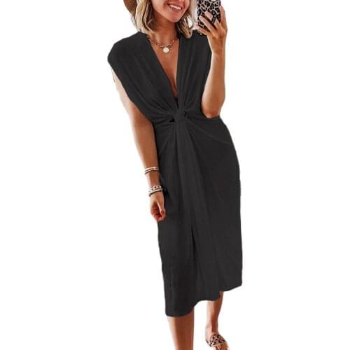 2021 New Design Good Quality Factory Price Fashion Hot Selling Womens Slim Fit Deep V-Neck Tie Dress