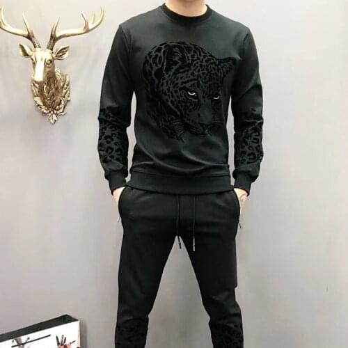 2020 Survetement Homme Black Men Set Casual Leopard Head Animal Printed Mens Tracksuit 2 Piece Set Sweatshirt And Pants Suit Set