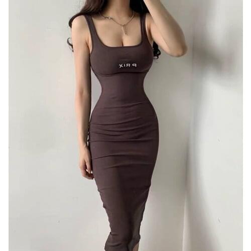 2021 Sexy Summer Dress Letter Embroidery High Waist Tight-fitting Hip Sling Dress Halter Mid-length Dress