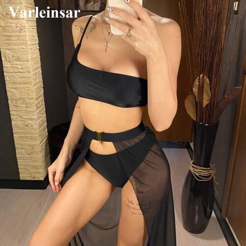 3 PCS Sexy One Shoulder Female Swimsuit Bikini Women Swimwear Three-piece Bikini set With Sarong Bather Bathing Suit Swim V2713B