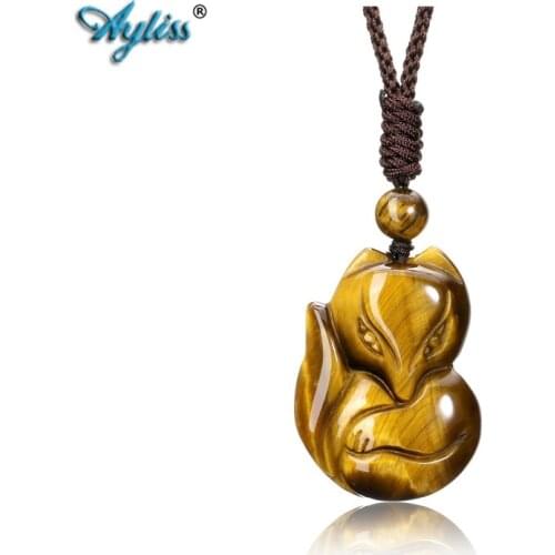 Ayliss Carved Fox Pendant Natural Tigers Eye Stone Pendant Necklace Adjustable Braided Rope Prayer Amulet Pendant Necklace Gift