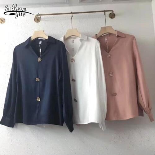 Blusas Mujer 2021 Long-Sleeve Women Tops Blouse Loose Chiffon Blouse Woman Print Slim Shirts Solid Clothing with Buttons 8913