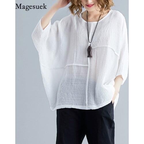 Summer Plus Size Loose White Blouse Women 2021 New Bat Sleeve Office Ladies Tops Shirts Vintage Linen Cotton Blouses Woman 8906