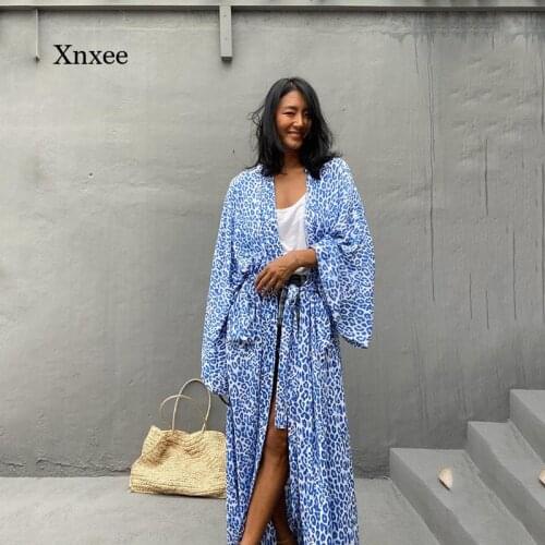 Bohemian Blue Beach Cover Up Leopard Oversize Vintge Cotton Bikini Outing Holiday Swimwear 2021 Summer New Long Cardigan