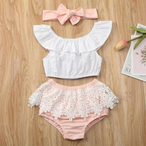 Newborn Baby Girl Ruffle Top Shirt Lace Pants Shorts Headband Outfits Summer