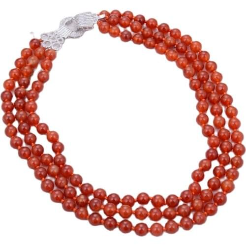 GG Jewelry 18'' 3 Strands Natural Round Red Carnelian Agates Necklace Cz Clasp For Women Lady Jewelry Gift