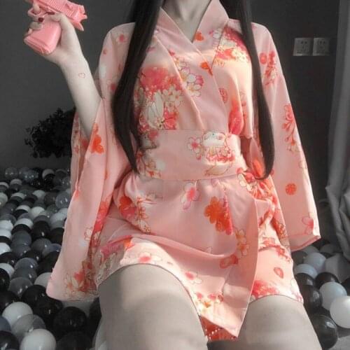 Kimono Dress Japanese Style Woman Sakura Sexy Girl Haori Vintage Yukata Bathrobe Sexy Uniform Nightgown Pajamas Party Clothes