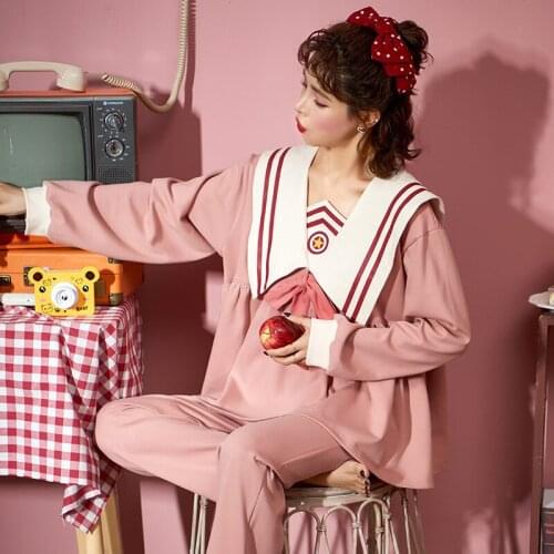 Kawaii Pink Pajama Set For Women Autumn Cotton Pajamas Women Cute College Style Navy Collar Loose Homewear Sleepwear
