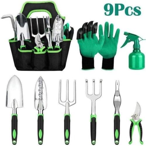 Garden Tools Set, 9 Pieces Garden Tools Suit with Storage Pocket Outdoor Heavy Duty Gardening Work Set with Ergonomic Handle