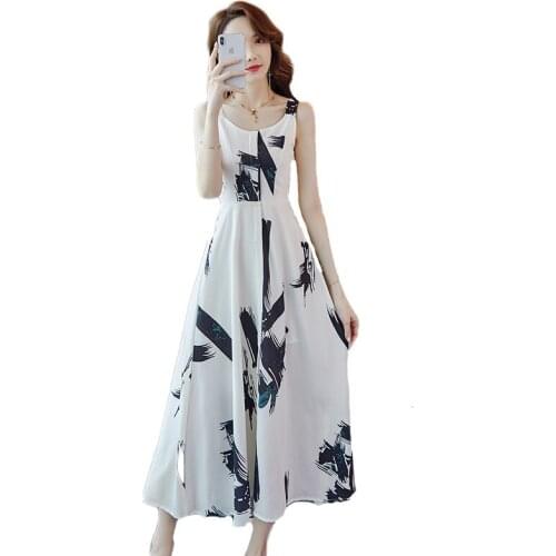 2021 Summer new Sleeveless Printed Dress Elegant Back Bandage Bow Slim Seaside Holiday Long Dresses Feminine LR1434