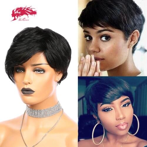 Pixie Cut Straight Short Bob Wigs Natural Black Ali Queen Hair Brazilian Remy Human Hair Wig With Bangs Full Machine Wig