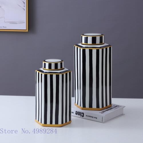 Striped Ceramic Jar Retro with Cover Desktop Storage Flower Vase Ceramic Crafts Geometric Black White Stripes Home Decoration