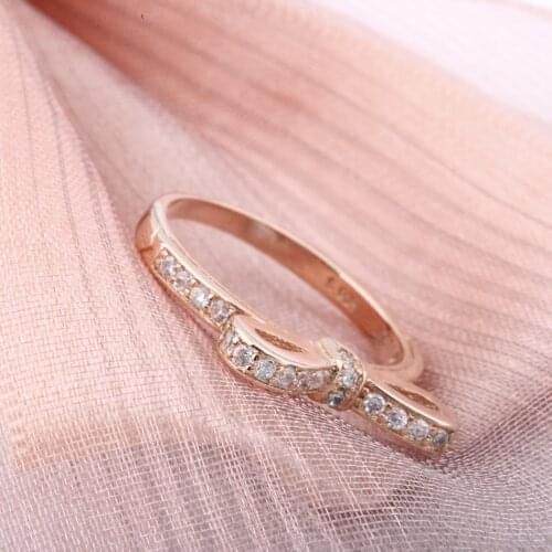 Plated Ring for Women Rose & Clear CZ Bow Ring Girl Lady Gift