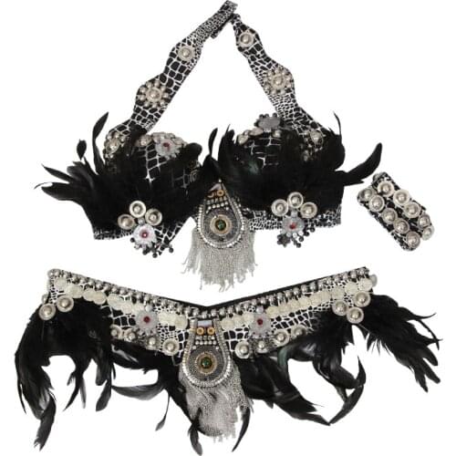 Professional Tribal Belly Dance Feather Bra Top armband 3 Pieces Outfit Set Belly Dance Tribal Fusion ATS Coins Costume