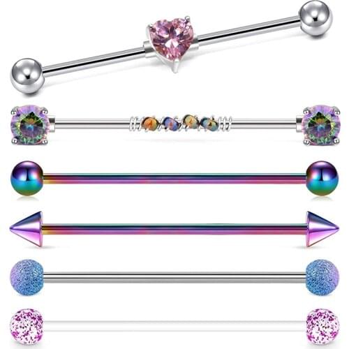 Industrial Barbell Earrings Surgical Opal Heart Scaffold Industrial Piercing Jewelry Clear Retainer Bar 35mm 38mm for Women Men