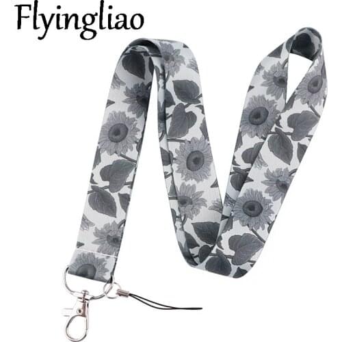 Grey Sunflower Flowers Neck Strap Lanyards ID badge card holder keychain Mobile Phone Strap Gift Ribbon webbing necklace