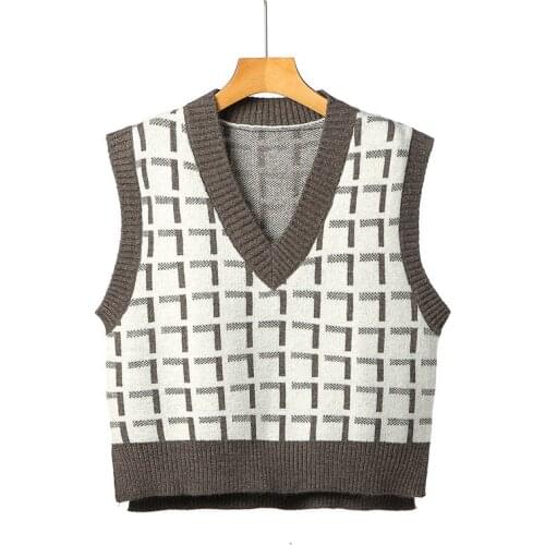 Urifens Sueter Mujer 2021 Korean V Neck Brown Vest Sweater Women Casual Loose Vintage Plaid Knit Tops For Female Waistcoat BN65U