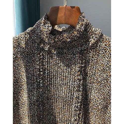 ElfStyle Female Silk Floral Printed Ruffled Blouse Top With Long Sleeve & Ruffled Neck & Pleated Detail