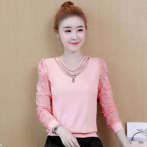 Women Autumn Style Blouses Lady Girls Long Sleeve Lace Floral Decor O-Neck Casual Blusas DD1757