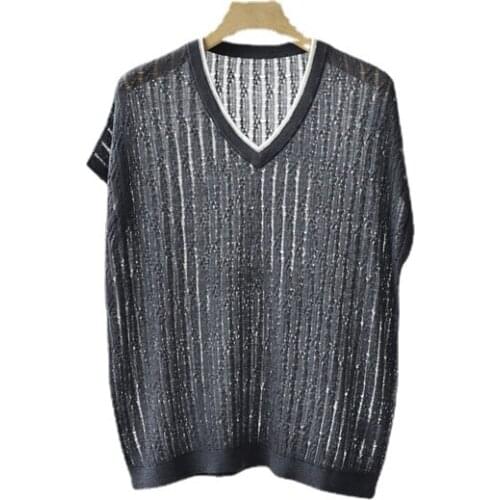 SHUCHAN See Through Sweaters for Women V-Neck 85% Silk+15% Cashmere Thin High Street Short Sleeve Pullover