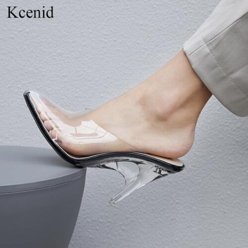 Kcenid PVC clear women pumps pointed toe slip on transparent dress shoes women clear high heel mules fashion party shoes 33-41