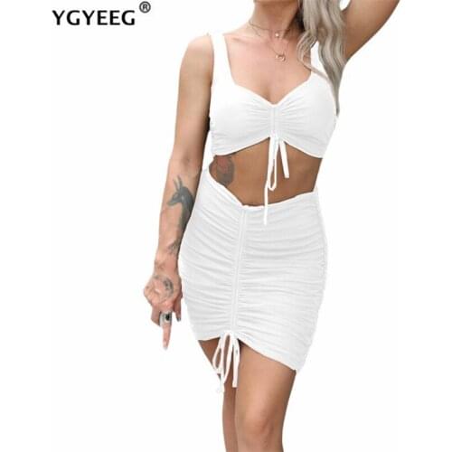 YGYEEG Summer Women Two Piece Set Bodycon Sexy Sleeveless Strapless Crop Top And Skirt Drawstring Pleated New V-Neck Clothes