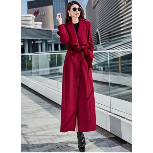 Autumn Winter Wine Red Long Wool Trench Coat With Belt Women Warm Cashmere Elegant Windbreaker Outerwear Casaco Feminina