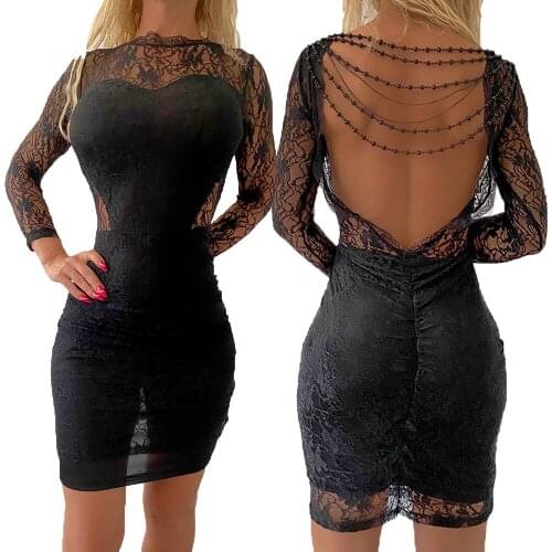 WONDER BEAUTY Women Backless O-neck Black Mini Dresses Fashion Lady Long Sleeve Mesh Short Dress