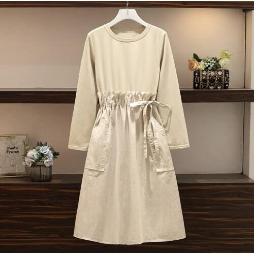 4XL plus size women Patchwork solid casual dress autumn winter 2021 long Sleeve o neck bow female knee length ruffle dresses