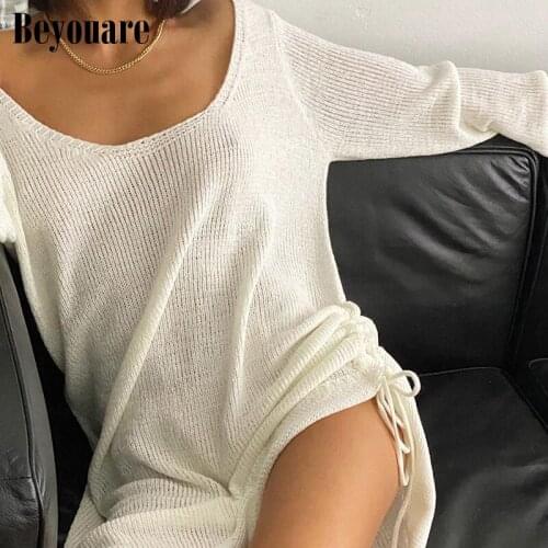 Beyouare Sexy Backless Mini Dresses Women Solid O Neck Long Sleeve Side Drawstring Loose Transparent T Shirt Dresses 2021 Autumn