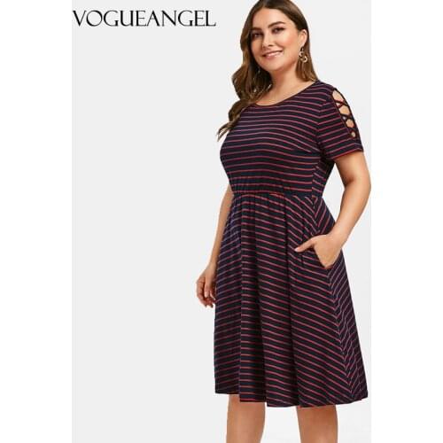Plus Size Striped A Line Dress Criss Cross Sleeve Elastic Waist Dress Summer Casual Work Dresses Women Dress Vestidos 5XL