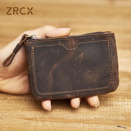 ZRCX Retro First Layer Cowhide Card Case Men And Women Genuine Leather Zipper Small Coin Purse Minimalist Wallet