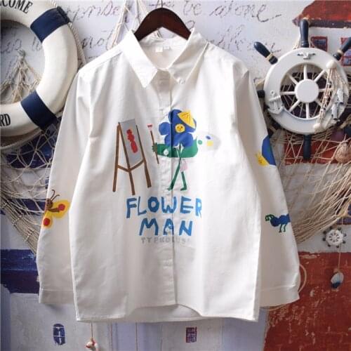 2020 New Autumn Women Blouse Japan Style Cute Cartoon Letter Printing Loose Long Sleeve White Shirt Women