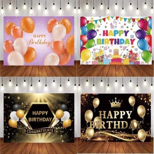 Happy Birthday Party Photography Backdrop Black Gold Balloons Crown Photo Background Decor Banner Studio Prop