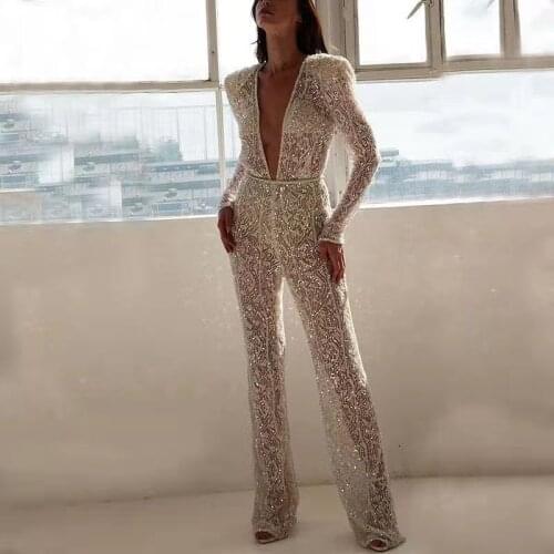 V-neck Bronzing Evening Party Jumpsuit Women Long Sleeve Streetwear Straight Playsuits Night Clubwear Overalls Woman Jump Suits