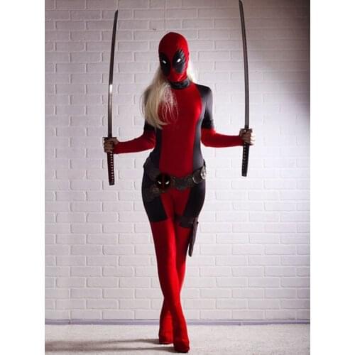 Cool Lady Deadpool Costume Red full body spandex girl/women/female Deadpool Costumes deadpool costume wholesale Free Shipping