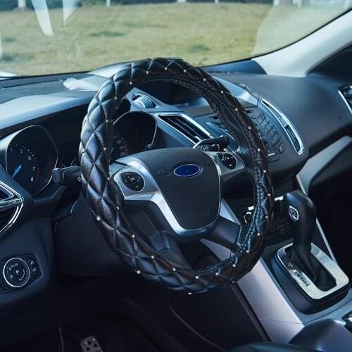 Soft Black PU Leather Car Steering Wheel Skidproof Cover with Crystal Rhinestone 38cm