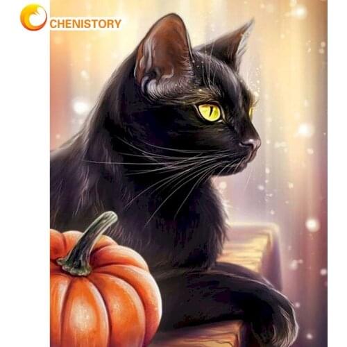 CHENISTORY Halloween Picture By Numbers Kits Black Cat On Pumpkin Lantern Oil Painting Kits 40x50cm Framed Home Decor Wall-art