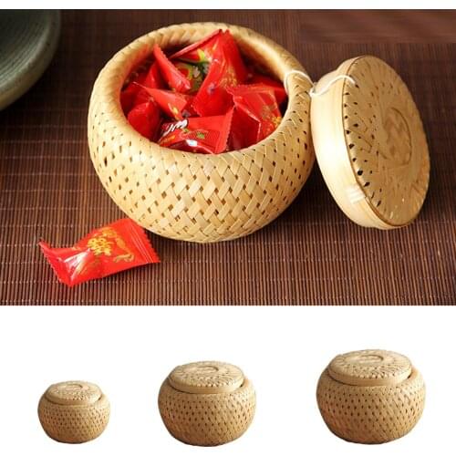 Natural Round Bamboo Tea Box Candy Dried Foods Jar Container Storage Basket